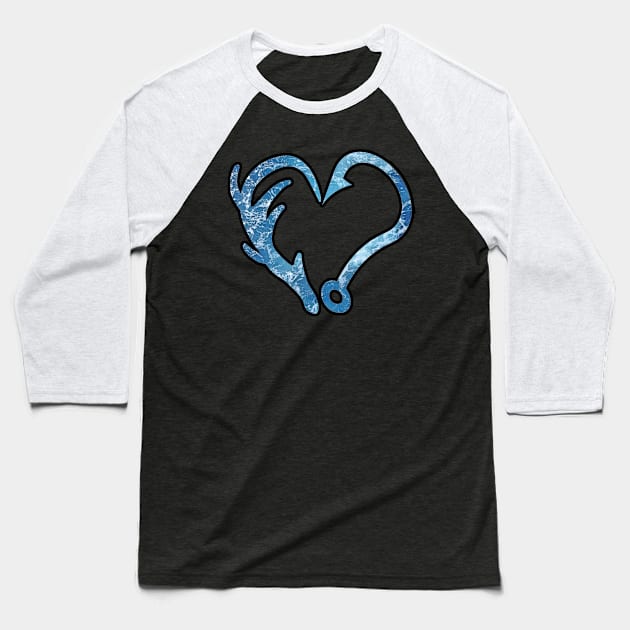 Fishing and Hunting - Deer Antler & Fishing Hook Heart Baseball T-Shirt by Trade Theory